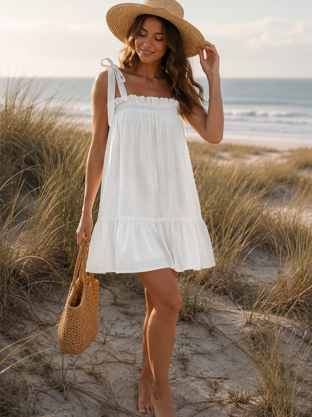 Moodie White‎ Cotton Tie Strap Babydoll Mini Dress Medium